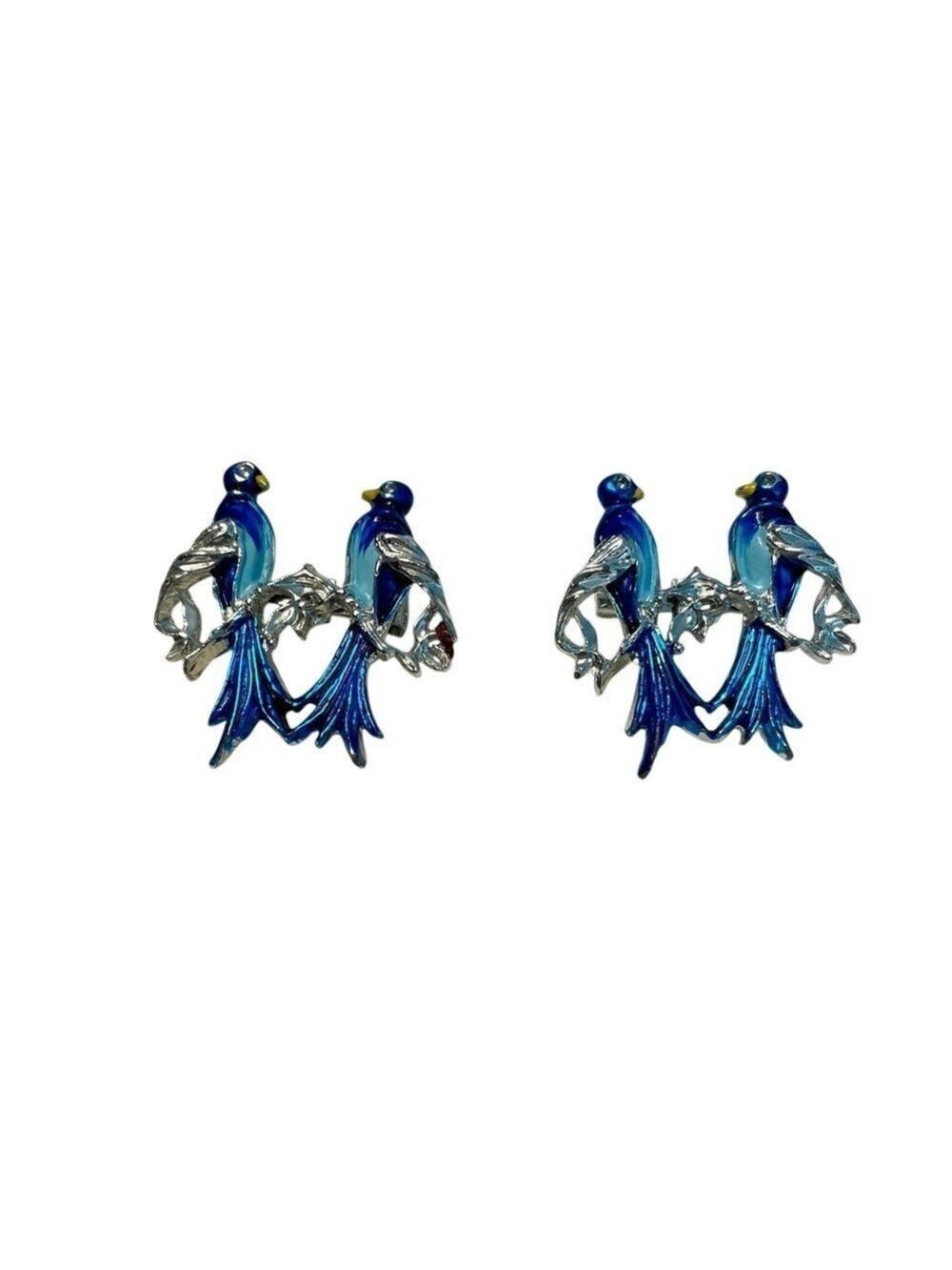 Vintage Pair of Gerry's Love Birds Brooches, Blue & Silver Enamel Figural Pins.